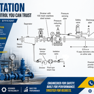 PRV Station (Pressure Reducing Valve) steam pressure control system schematic with separator, strainer, safety valve, steam trap and isolation valve for industrial steam applications.