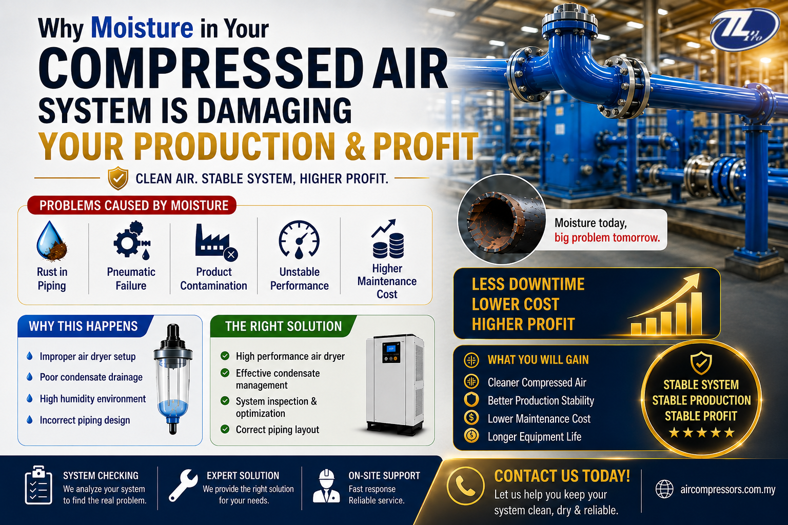 Moisture in compressed air system causing rust, equipment damage, and production problems with industrial piping and air treatment solutions
