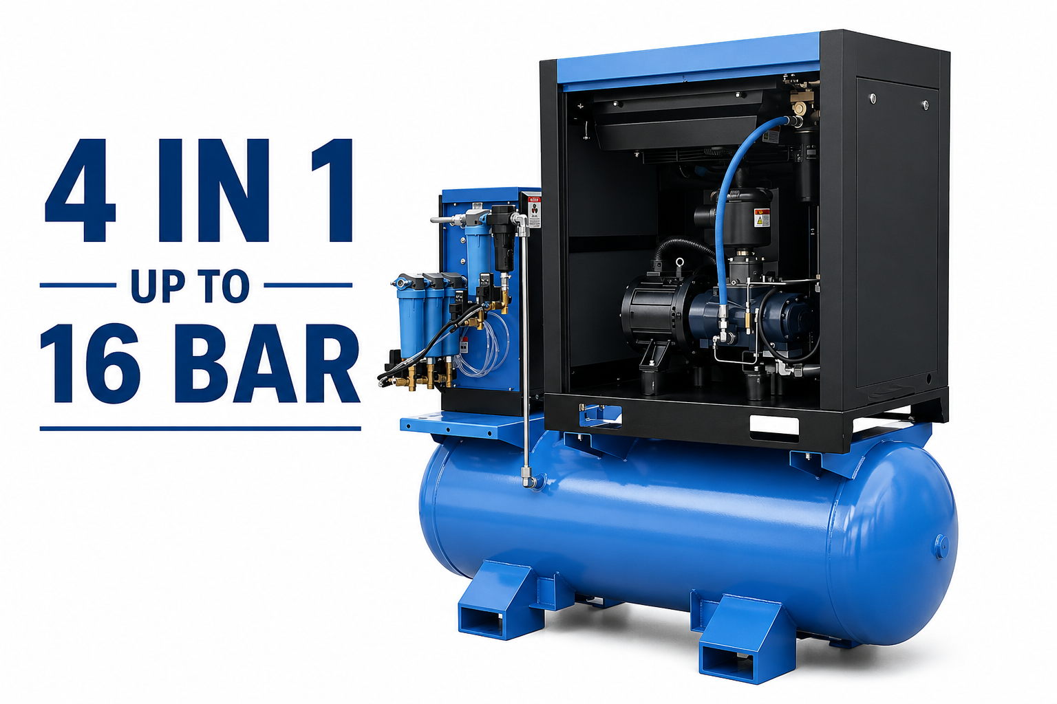 4 in 1 Air Compressor Up to 16 Bar with Air Dryer, Air Tank and Line Filters for Industrial Applications