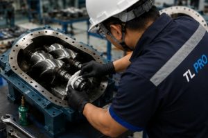 Technician cleaning and assembling the compressor airend before final installation.