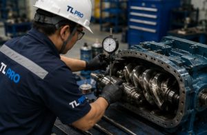 Technician checking shaft alignment and bearing clearance