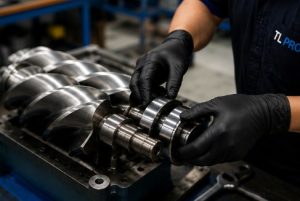 Close-up of bearing replacement on a screw air compressor airend rotor.