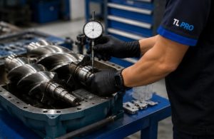 Measuring screw air compressor airend rotor clearance with a dial gauge.