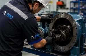 Technician performing screw air compressor airend disassembly during overhaul service.