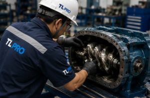 Technician inspecting the airend rotor assembly during overhaul.