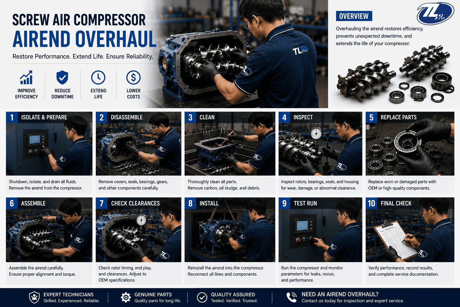 Technician performing screw air compressor airend overhaul and bearing replacement